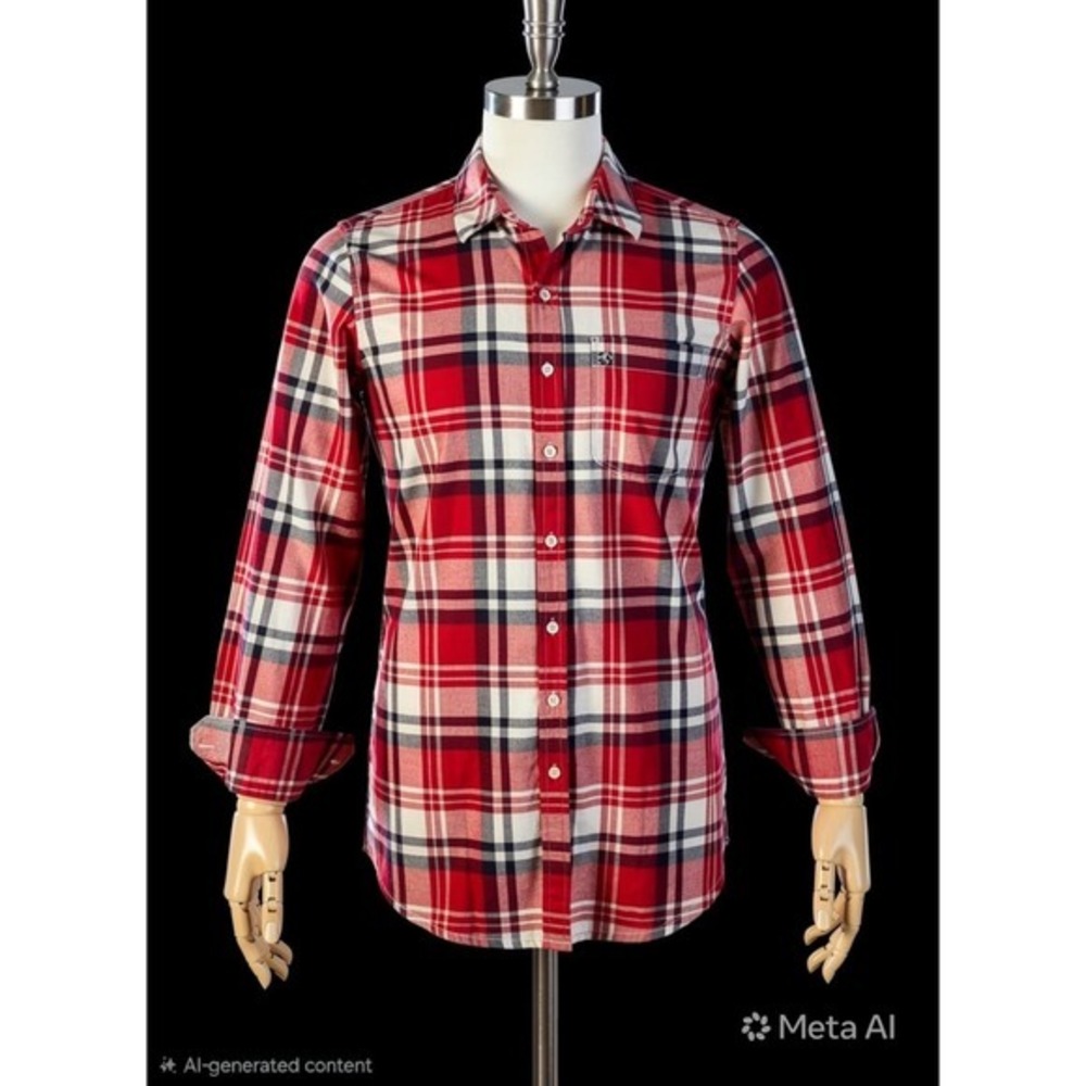 Mens Red White Navy Flannel Button Down Shirt Long Sleeve Cotton Small